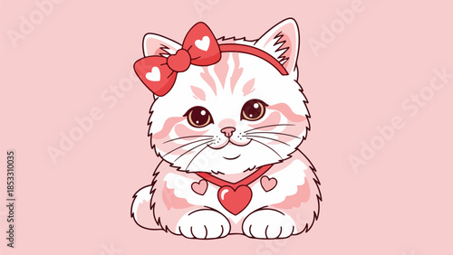 Close-up portrait of a white cat with red heart-shaped bow and choker on a light pink background