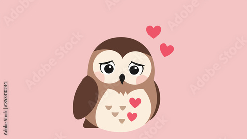 Cartoon owl illustration with red hearts on light pink background