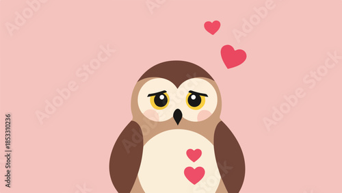 Cartoon owl with red hearts on light pink background