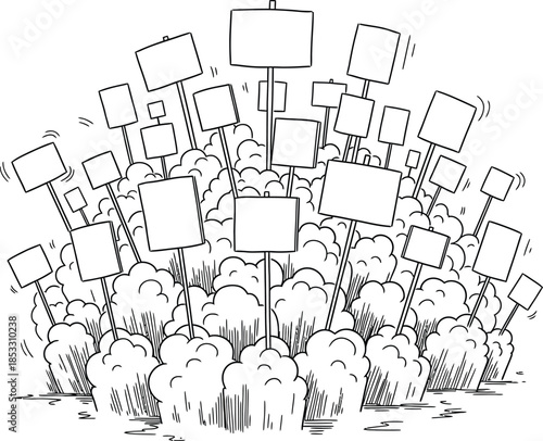 Handdrawn cartoon illustration of a large protest crowd holding up many blank signs.