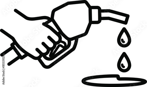 Hand holding a dripping fuel pump nozzle a minimalist black line art icon.