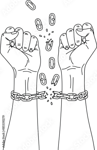 Line art illustration of raised fists breaking free from shattered metal chains.