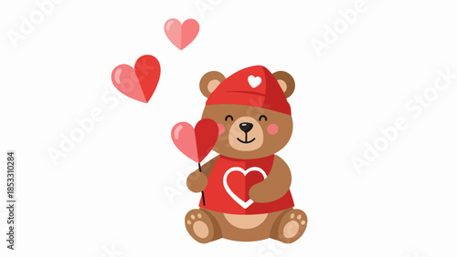 Charming teddy bear illustration with red heart outfit and multiple hearts on beige background