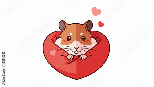 Playful cartoon hamster peeking out from a plush heart-shaped frame with scattered hearts