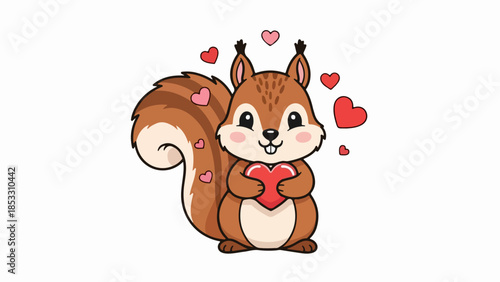 Cartoon brown squirrel holding a large red heart with floating hearts around