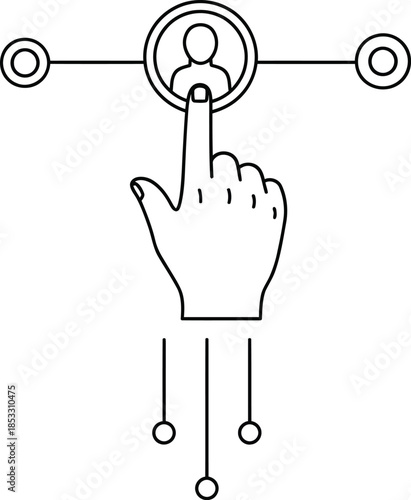Minimalist line art of a hand with an index finger selecting a circular user profile icon on a digital network.