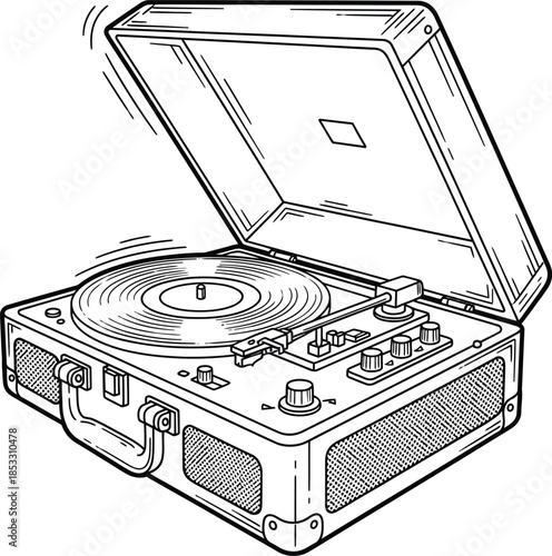 Retro suitcase record player with open lid tonearm on vinyl detailed black and white line drawing.