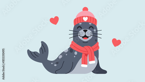 Playful seal illustration with pink knit hat and scarf, surrounded by red hearts on a light gray background