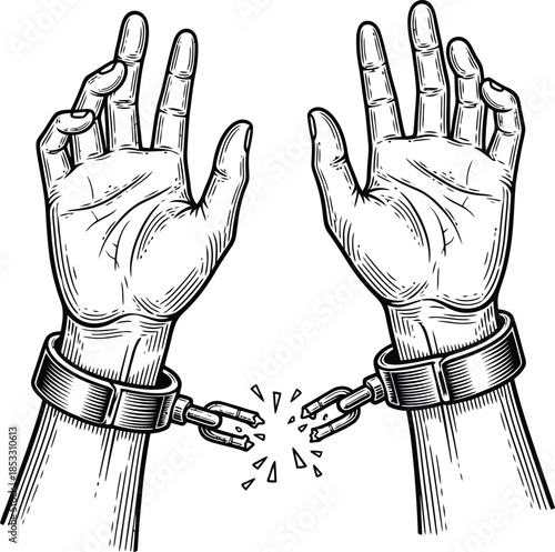 Vintage woodcut style illustration of hands breaking free from snapped metal shackles.