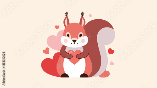 Cartoon squirrel holding a red heart surrounded by smaller hearts on a beige background