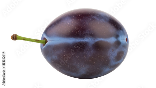 Konstfotografi Fresh plum fruit isolated PNG, dark purple ripe plum with stem on transparent ba