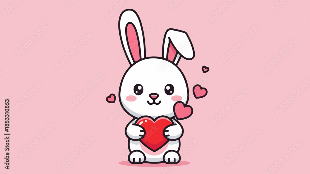 Fototapeta premium Playful cartoon rabbit with pink accents holding a red heart on a light pink background