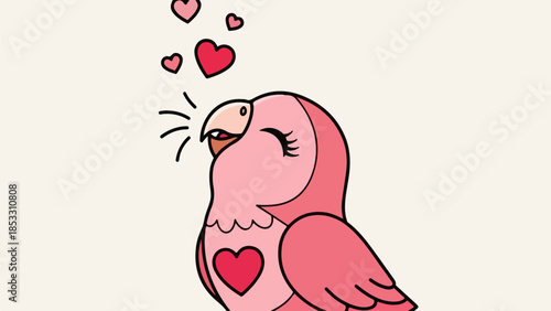 Pink parrot with heart-shaped wing detail and floating hearts on light pink background