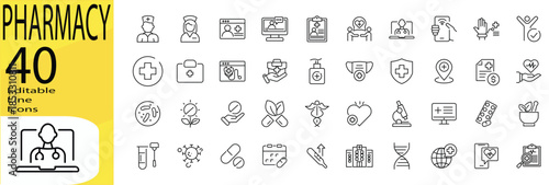 Pharmacy icon set. Editable stroke.