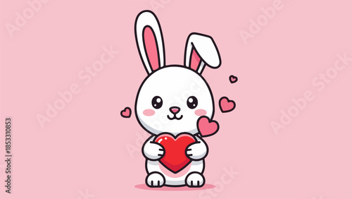Playful cartoon rabbit with pink accents holding a red heart on a light pink background