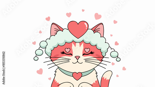 Whimsical illustration of a stylized cat with a red heart on its head and a blue collar with a red heart pendant