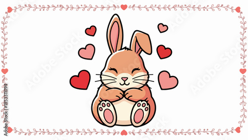 Charming illustration of a relaxed rabbit with floating hearts and floral border