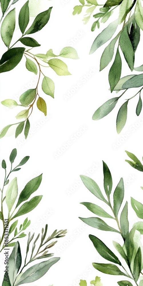 Fototapeta premium Elegant Green Leaves Border and Floral Composition for Spring Holiday Card Background Design