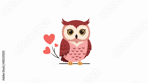Whimsical illustration of an owl with red hearts on a branch