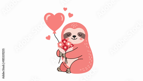 Hand-drawn illustration of a pink sloth holding red flowers and a heart-shaped balloon
