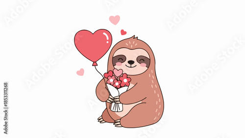 Light brown sloth holding pink and red flowers and a red heart-shaped balloon