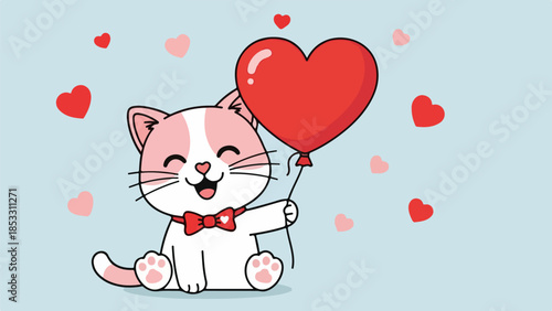 White cat with pink accents holding a red heart-shaped balloon and wearing a red bowtie on a light blue background