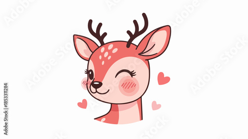Cartoon deer with pink face, dark brown antlers, and pink hearts on light neutral background