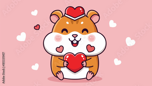 Charming cartoon hamster with red heart-shaped hat holding a large red heart on pink background