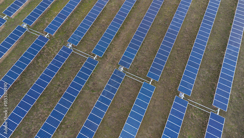 Aerial View of Solar Panels, Renewable Energy