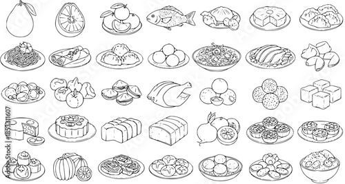 Black and White Line Art Food Illustration Set. Hand-drawn outline icons of various traditional and contemporary dishes, fruits, and desserts, representing diverse global and Asian cuisine.