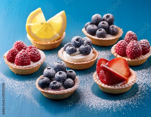 assorted mini fruit tarts with fresh blueberries raspberries strawberries lemon slices and cream on a blue surface dusted with powdered sugar