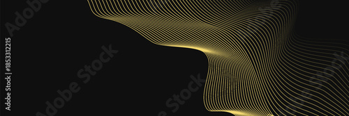 Abstract luxury with shining gold lines waves on black background. Futuristic background of flowing gold lines. vector illustration