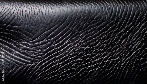 close up view of black textured leather surface with natural creases and fine grain detailing
