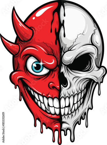 Dripping red devil and white skull splitface graphic with a sinister toothy grin.
