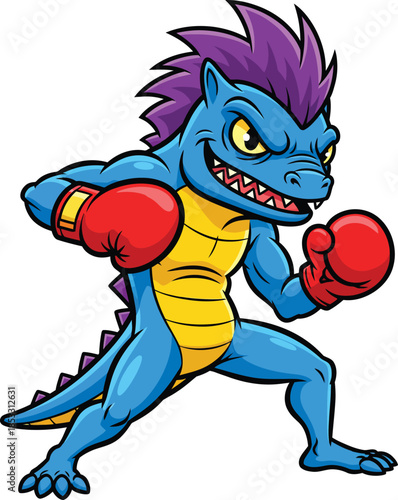 Fierce blue cartoon alligator boxer with a purple mohawk and red boxing gloves.