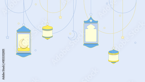 Minimal Ramadan background with simple silhouette lanterns in blue and yellow colors, decorative garland, crescent moon and star.