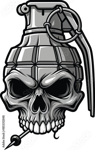 Menacing grayscale illustration of a skullshaped hand grenade with a pull pin clenched in its teeth.