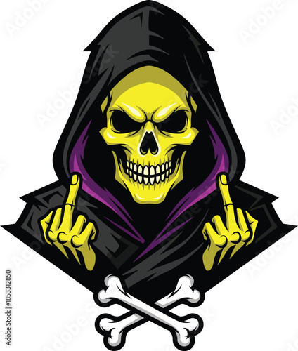 Menacing yellow skull grim reaper in a black hood showing both middle fingers and crossbones.