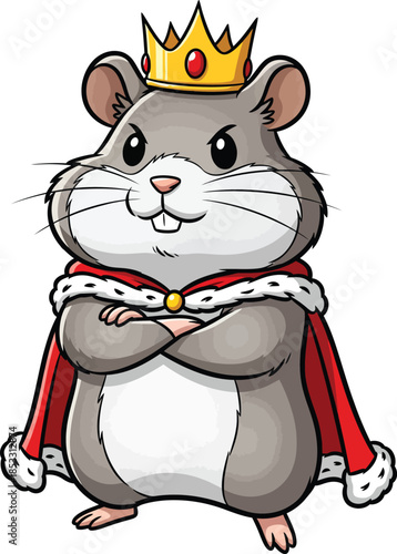 Proud Cartoon Hamster King in a Red Royal Cape and Gold Crown with Arms Crossed.