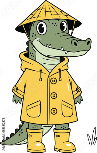 Smiling Cartoon Alligator in a Yellow Raincoat Boots and a Conical Hat.