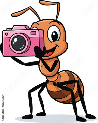 Smiling cartoon ant photographer holding a pink camera and taking a picture.