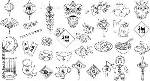 Black  White Line Art Icons for Chinese New Year Celebration. Traditional Lunar Culture Symbols: Dragon, Lantern, Firecrackers, Red Envelopes, Food, and Fu Character Doodles.