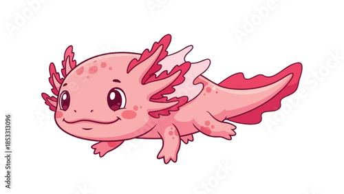 Digital illustration of a pink axolotl with red gills and spots on a white background, conveying a cute and playful mood.