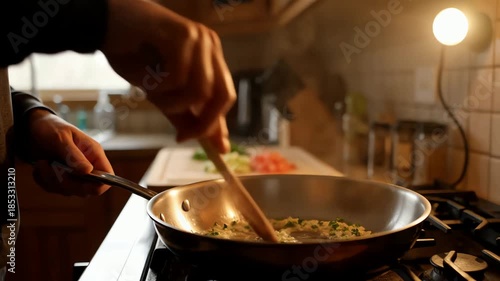 Close up of person cooking chopped vegetables in a pan on a stove with a spotlight