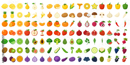 Assorted fruits and vegetables vector illustration. Simple and clean fruits and vegetables in different variations.