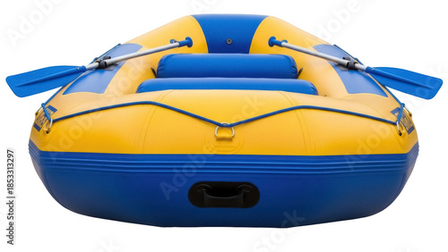 Fotografie Blue and yellow inflatable raft with paddles isolated on transparent background,