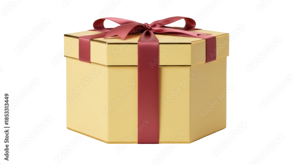 Obraz premium Elegant golden hexagon gift box with red ribbon isolated PNG, present for special occasions and celebrations on transparent background