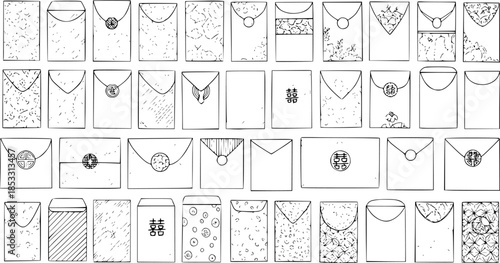 Collection of Asian Celebration and Wedding Envelopes, Red Packets, and Money Envelopes in Hand-drawn Black and White Line Art Style. Various Designs for Correspondence and Gifting.