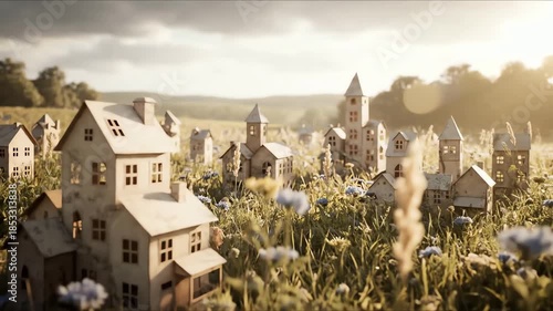 Whimsical Miniature Village Nestled Among Wildflowers in a Sunlit Meadow
