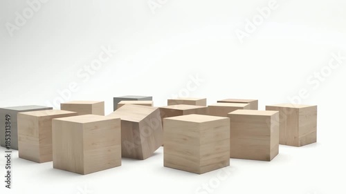 Arrangement of rectangular blocks of different textures and colors moving dynamically in studio lighting